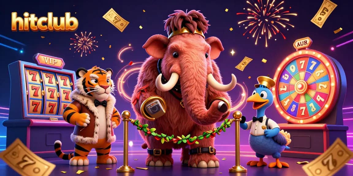 Engage with hitclub's vibrant casino scene featuring a bouncer and a saber-tooth tiger guest enjoying colorful slot games.
