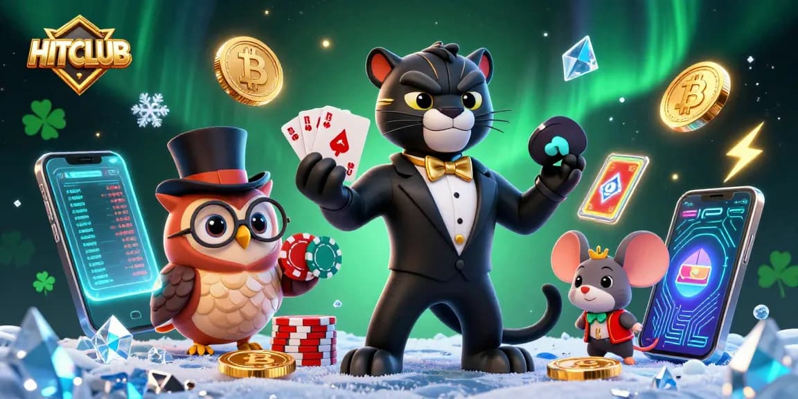 Engage in thrilling card games at HITCLUB with stylish characters, showcasing vibrant casino elements and cryptocurrency.