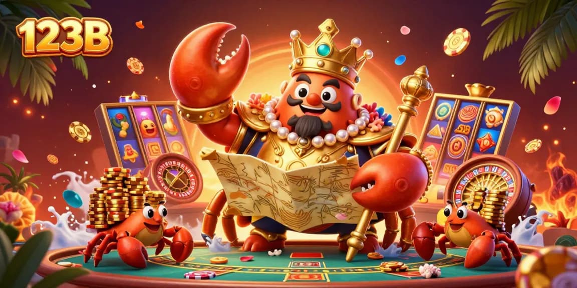 Engage with thrilling slots and jackpots at 123B casino, featuring an extravagant golden crab emperor.