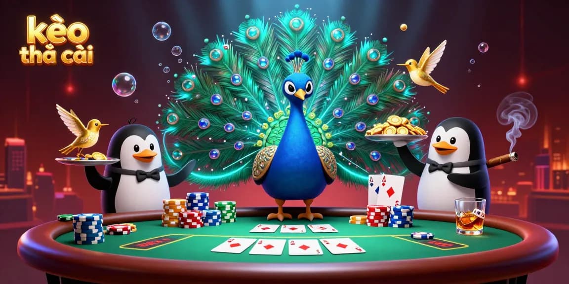 Engage with kèo nhà cái as the aristocratic peacock displays gemstone feathers alongside a butler penguin and a golden hummingbird in a vibrant poker scene.