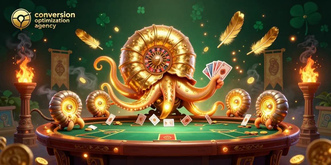 Engage with this vibrant scene by a conversion optimization agency, showcasing a giant nautilus roulette wheel and glowing hands of cards.