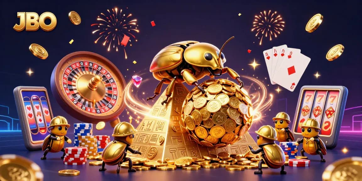 Experience JBO's thrilling gaming world with golden coins and vibrant casino elements in a dynamic scene