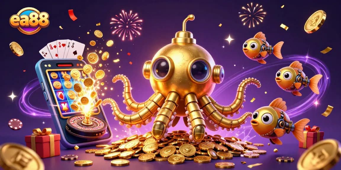 Experience the excitement of ea88 with vibrant slots, golden coins, and a magical kraken scene.
