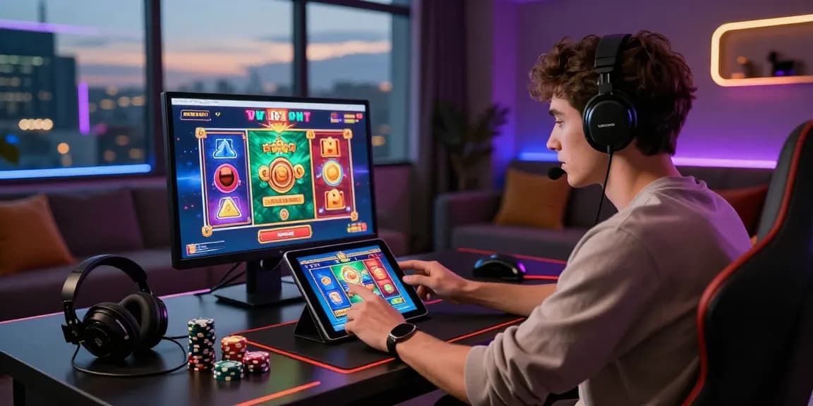 Player exploring new online slot sites on tablet in a modern gaming room with vibrant game graphics and accessories.