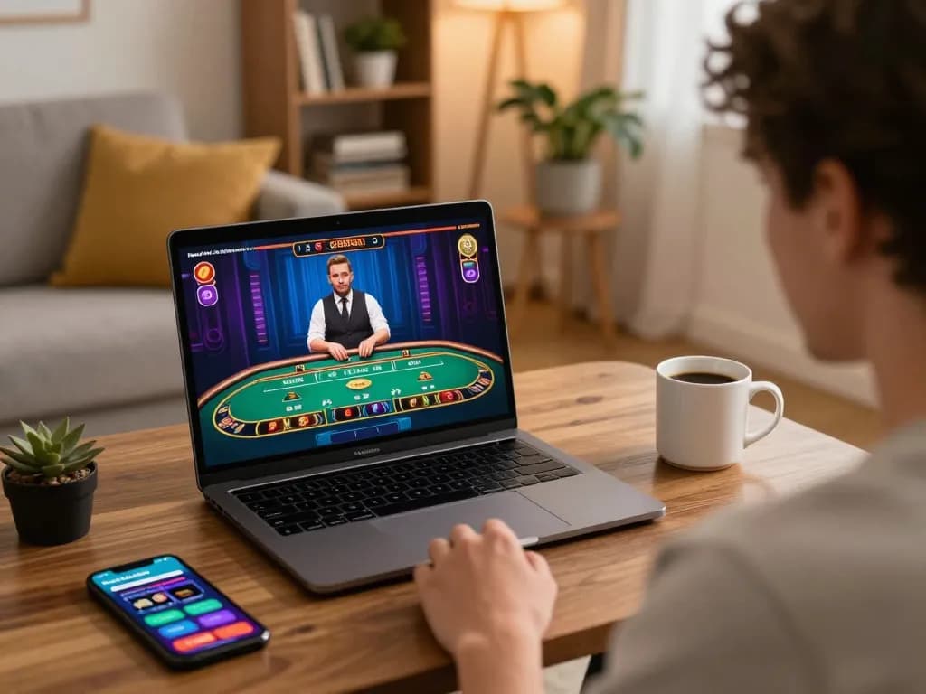 Kuwin player enjoying a live dealer game on a laptop in a cozy home setting.