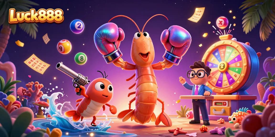 Experience Luck888 in a vibrant lottery scene with lively elements and energetic characters.
