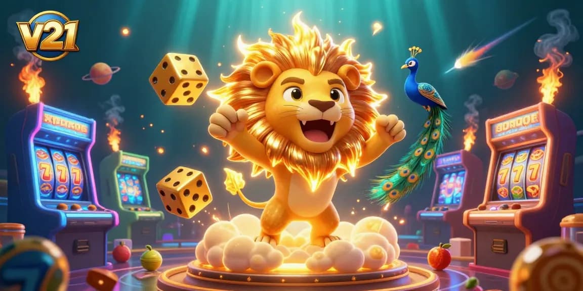Bermain di slot v21 dengan simbol keberuntungan dan elemen kasino yang ceria.