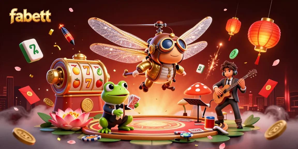 fabett offers a vibrant casino scene with a dragonfly pilot, a frog dealer, and exciting slot elements