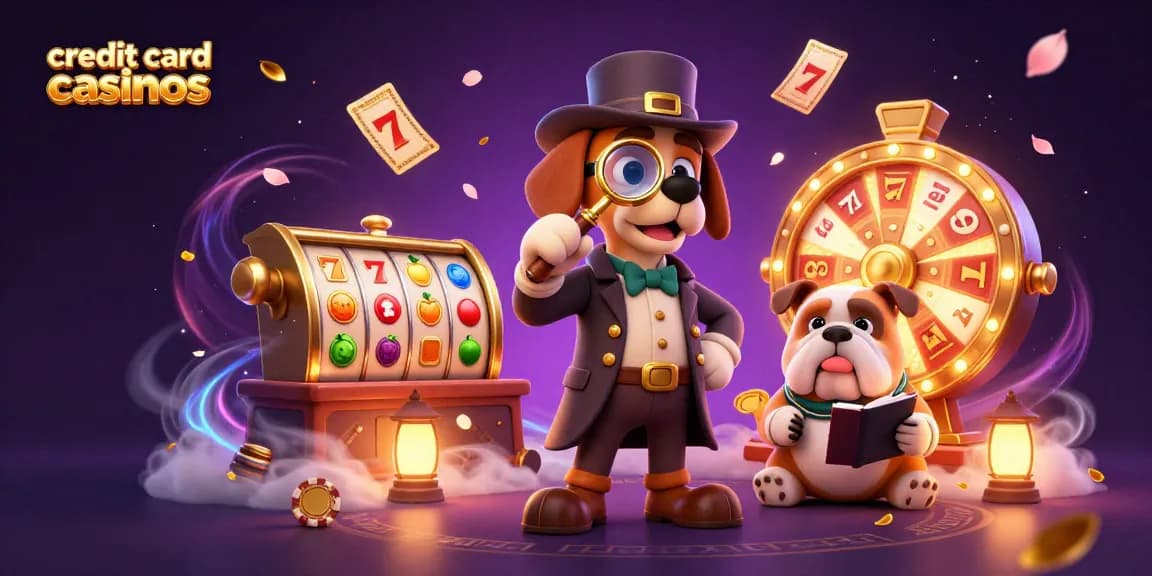 Engage with credit card casinos through an exciting 3D illustration of a detective uncovering poker clues amidst vibrant gaming elements.