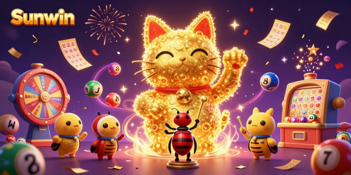 Experience thrilling wins on Sunwin as golden fireflies form a lucky cat amidst vibrant casino symbols.