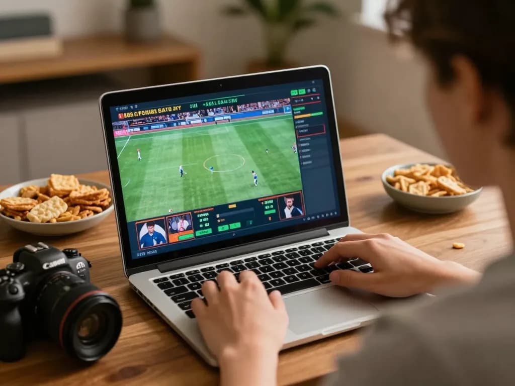 Engaging in online betting with live sports on-screen, showcasing Nhận Định Kèo Oddy strategies in a cozy home setting