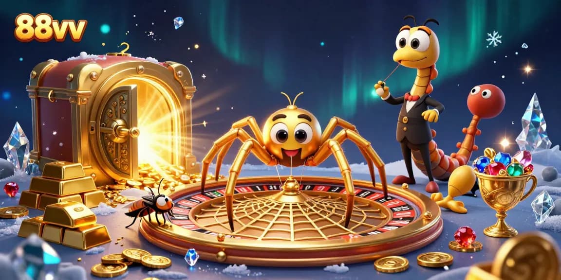 Experience the excitement of 88vv with a cartoon spider spinning a roulette wheel web, as a fly places nervously placed bets.