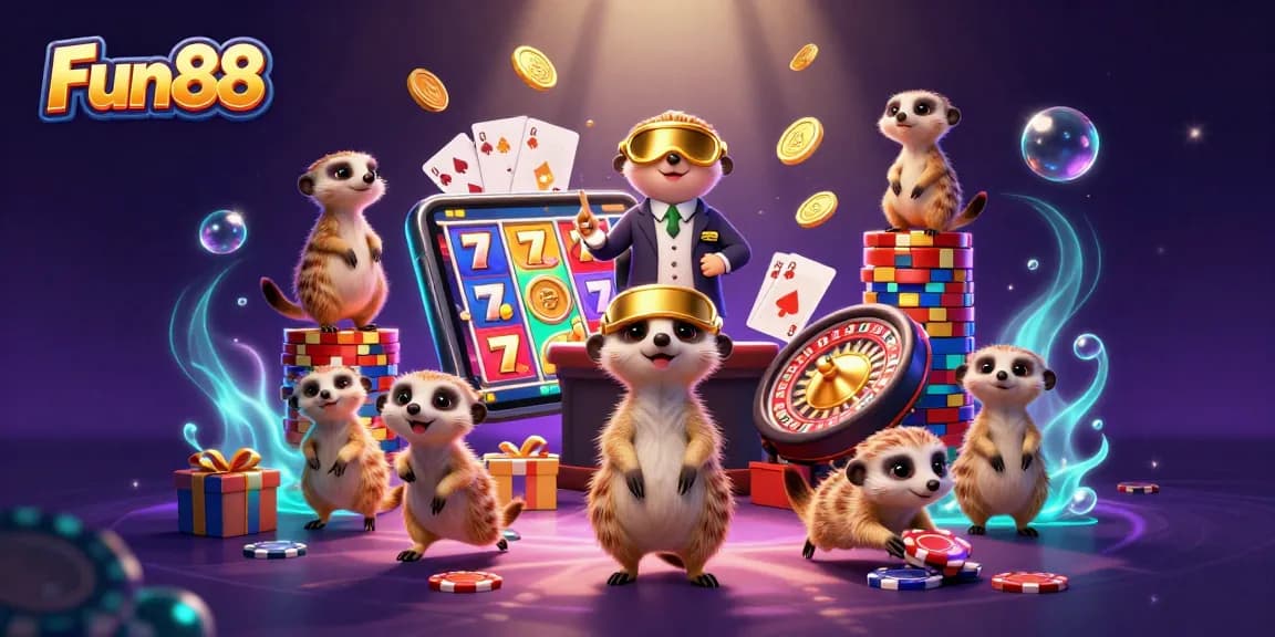 Fun88 meerkats engaging in a lively casino operation with vibrant slot game visuals.