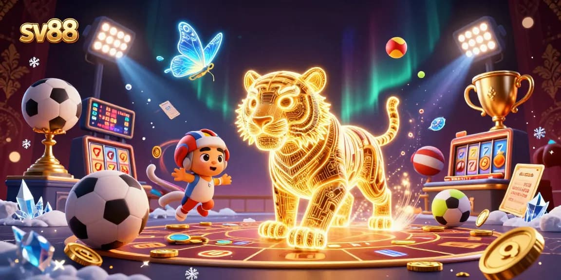 Engage in thrilling gambling experiences with sv88 featuring a neon-wireframe tiger in a vibrant casino.