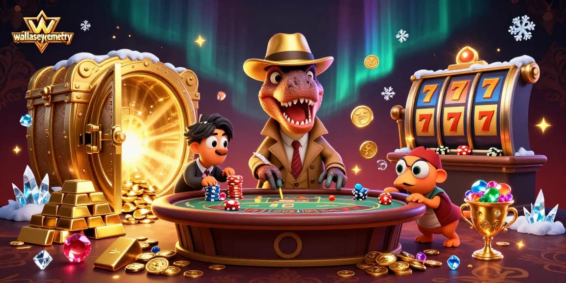 Engage with wallaseycemetery in a vibrant casino scene featuring a velociraptor card counter amid slot machines, jewels, and dynamics of gambling.