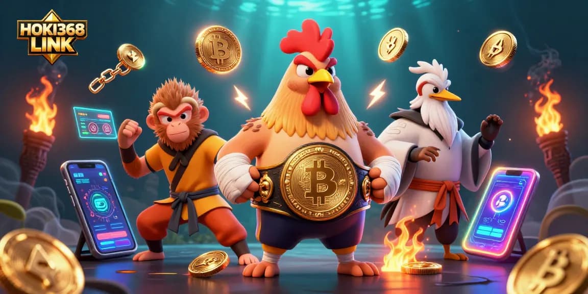 Engage in thrilling action with HOKI368 LINK featuring dynamic casino characters and crypto elements.