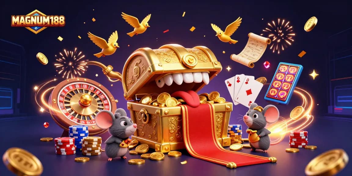 Experience the thrill of winning at MAGNUM188 with adventures and treasures in this illustrated casino scene.