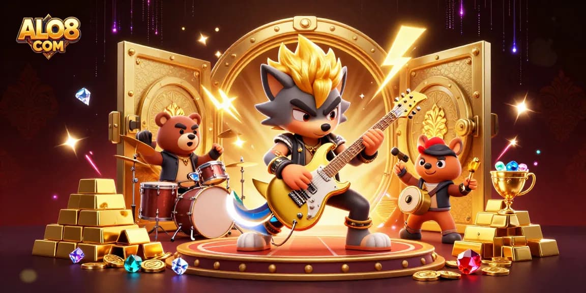 Experience thrilling wins at ALO8 COM with vibrant casino scene featuring cartoon characters and treasures.
