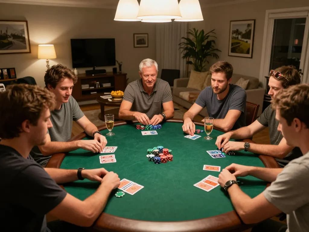 Friends enjoying an engaging home poker night, showcasing strategic gameplay and vibrant poker elements, emphasizing slot gacor 777.