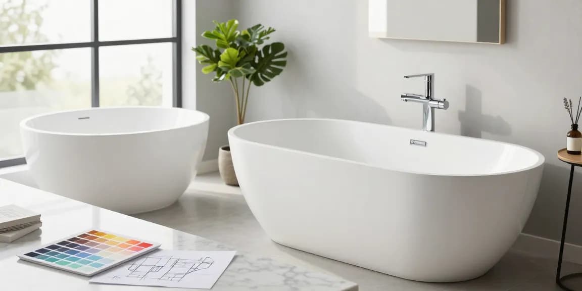 KKR solid surface freestanding bathtub and wall basin in a modern bathroom design.