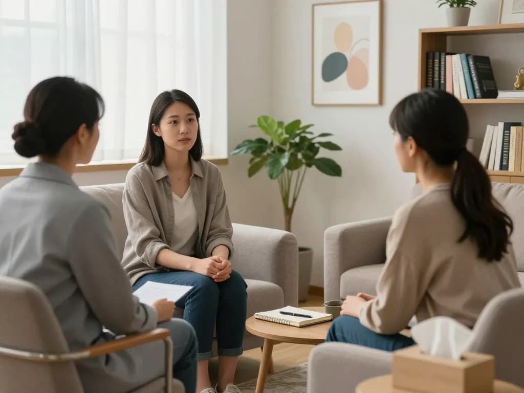 Therapy session discussing 焦慮症 in a calming psychologist's office with soft lighting and comforting decor.