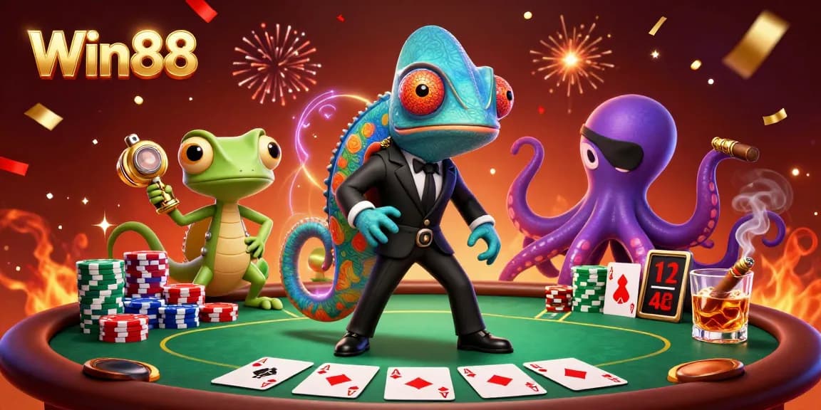 Engage in thrilling gaming action at Win88 with colorful poker elements and dynamic characters.