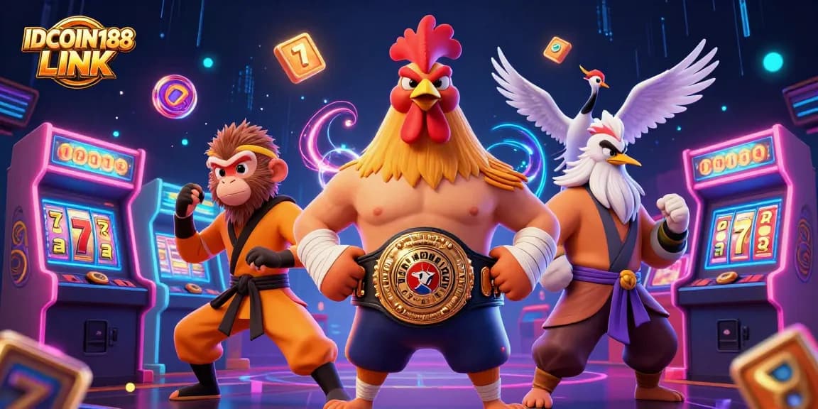 Engage with IDCOIN188 LINK in a vibrant casino-themed scene featuring dynamic characters and gaming elements.