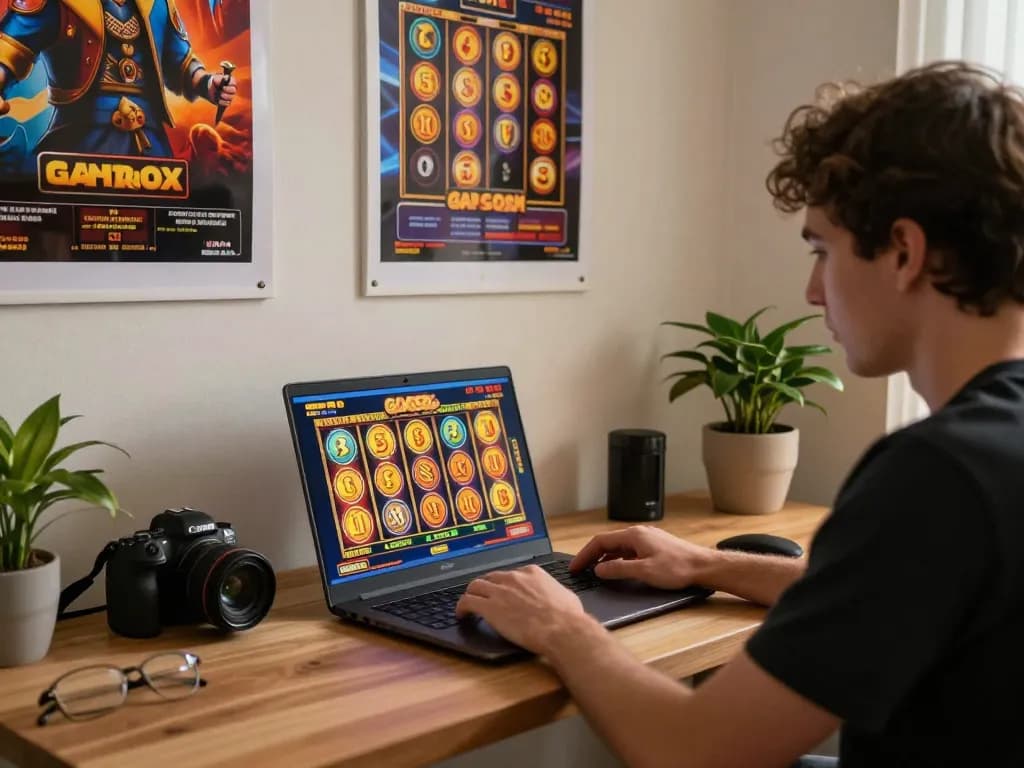 Pemain menikmati permainan slot gacor di laptop di lingkungan rumah yang nyaman, menampilkan gulungan yang cerah.
