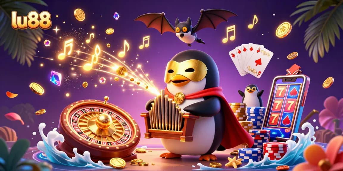 Play thrilling games at lu88 with a cartoon penguin organist, golden coins, and vibrant casino elements.