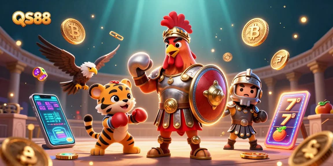 Experience thrilling wins with QS88 in this dynamic casino illustration featuring crypto and slot elements.