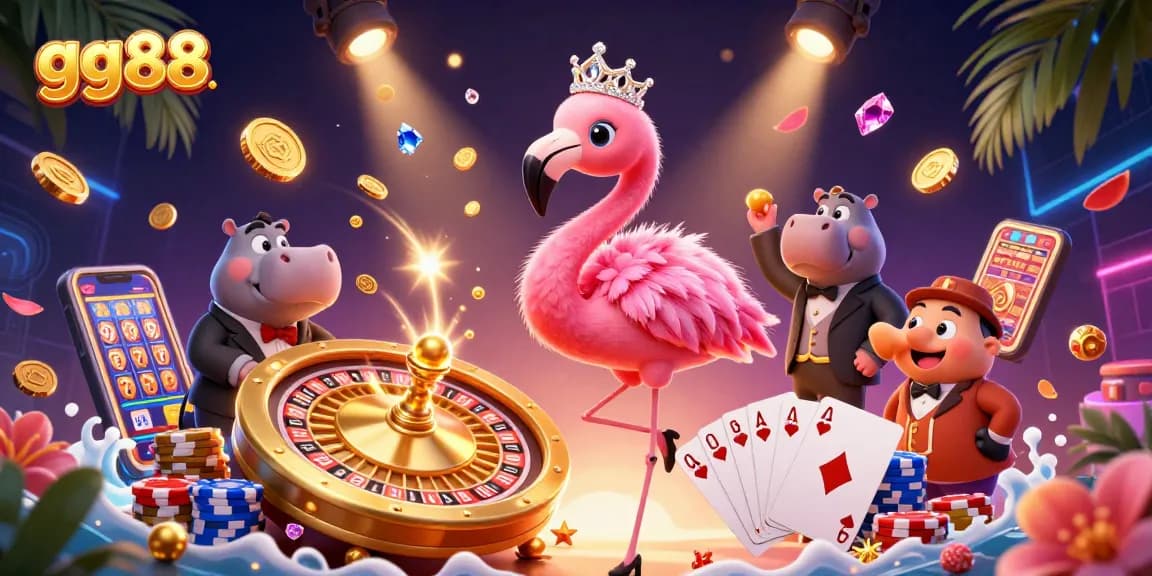 Experience thrilling casino gaming with gg88's vibrant 3D digital illustration showcasing a lively lounge scene.