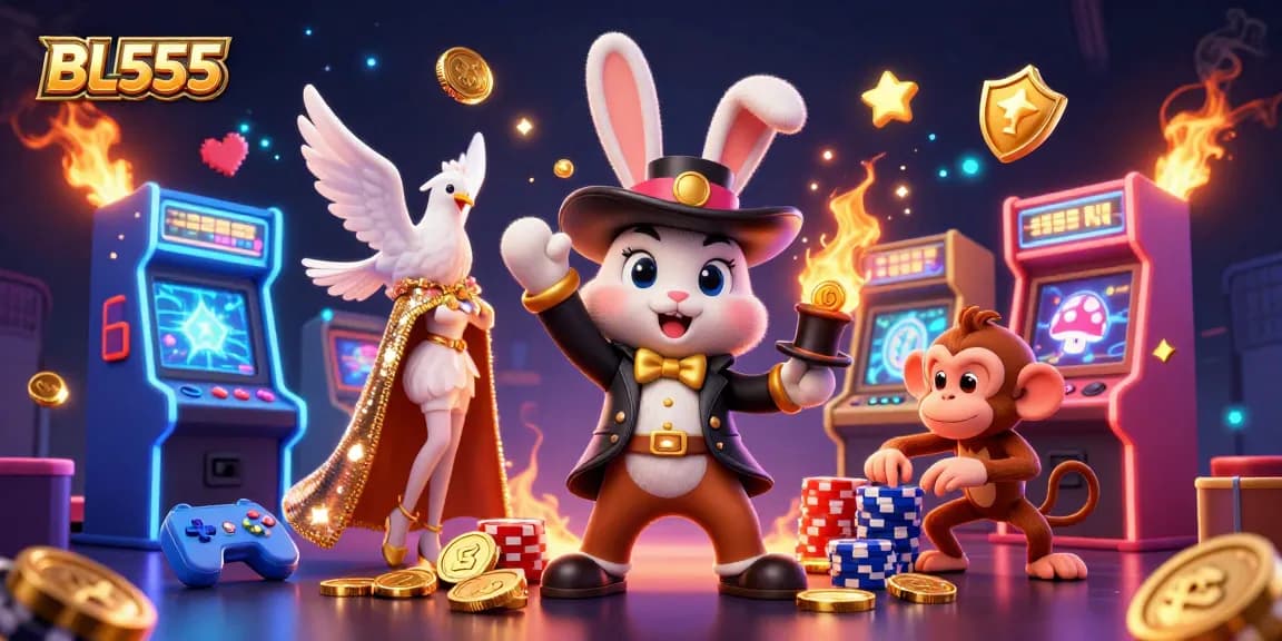 Experience BL555's magical gaming adventure with vibrant casino characters and rewards.