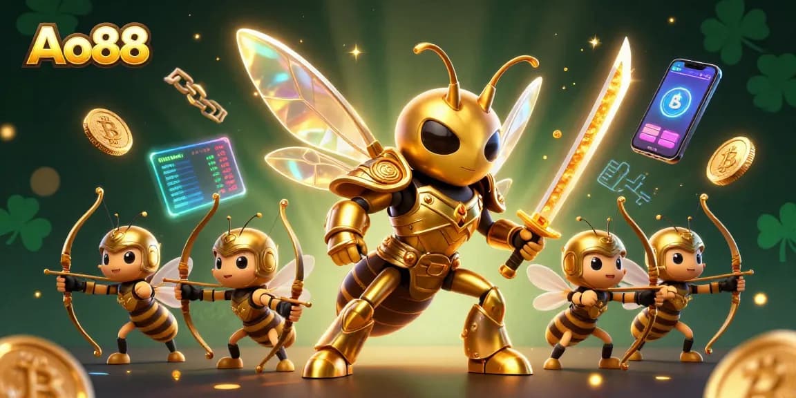 Experience thrilling games at Ao88, featuring stunning visuals of a golden hornet warrior amidst crypto elements and vibrant casino motifs.