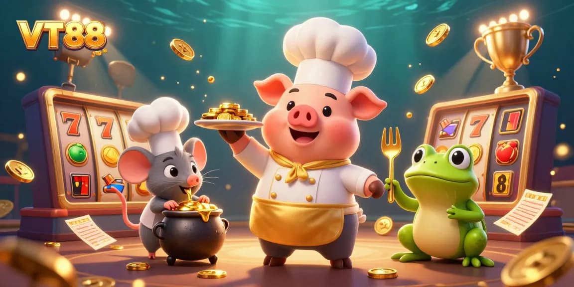 VT88 chefs present gold coins amidst dynamic slot elements for an engaging gaming experience