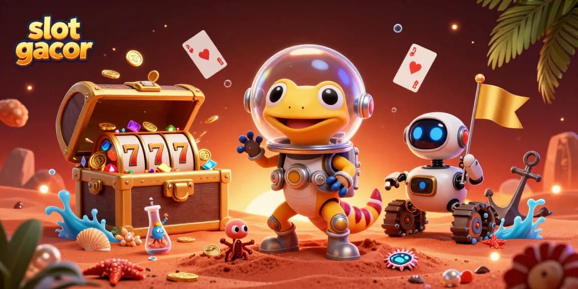 Spin and win at slot gacor with alien-themed 3D illustration showcasing vibrant casino treasures.