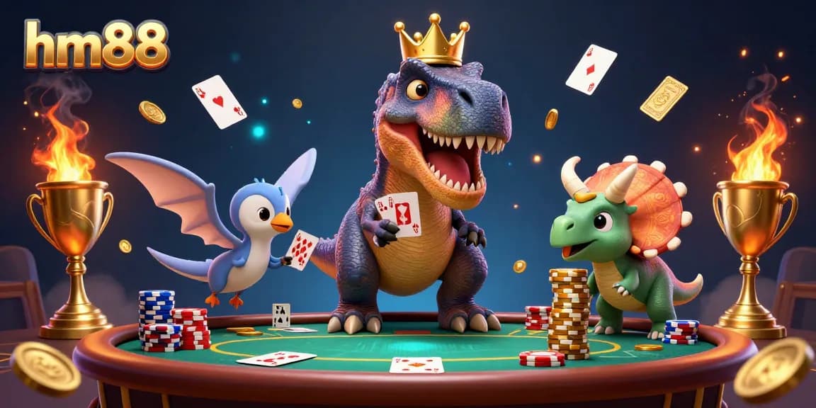 Engage in thrilling games at hm88 as T-Rex and friends enjoy poker and chips in a vibrant casino.