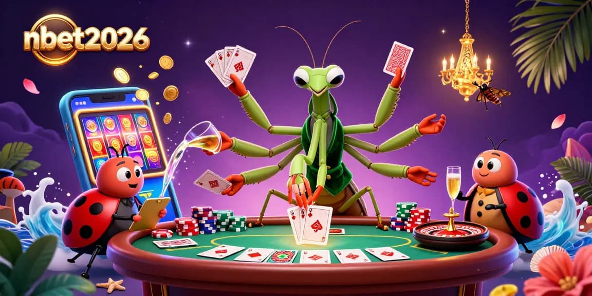 Experience thrilling card games with nbet2026 featuring a mantis dealer, vibrant slot reels, and exciting casino ambiance.