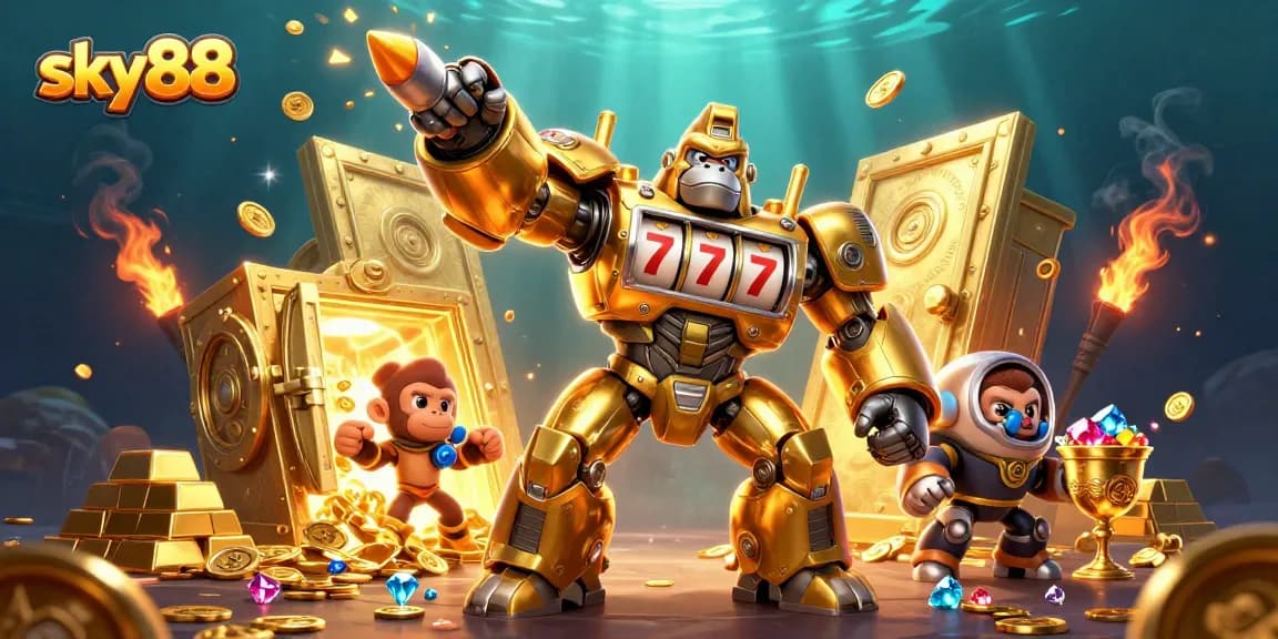 Sky88's golden gorilla mech designed from slot machine parts, showcases vibrant casino elements and excitement.