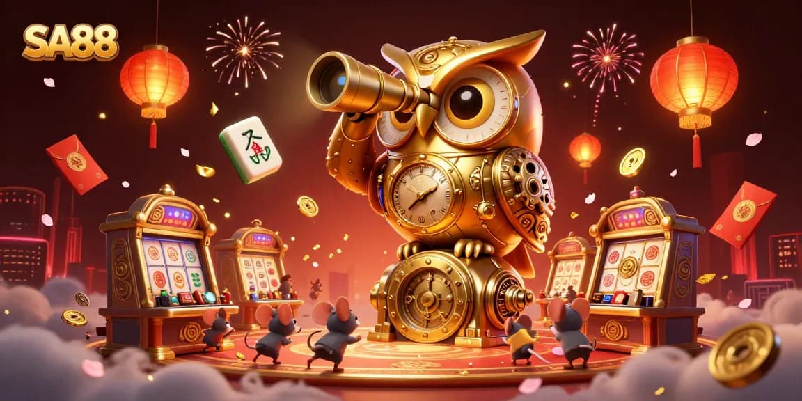 SA88 offers thrilling experiences with a vibrant casino scene featuring glittering gold elements and animated characters.