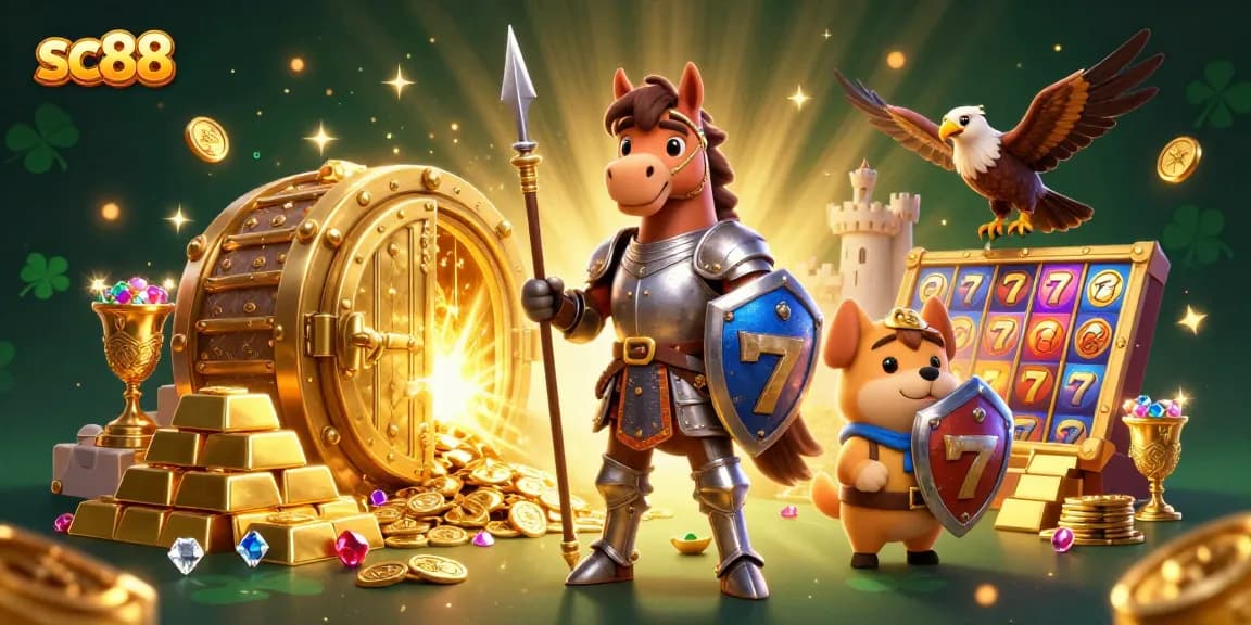 Engage with sc88's thrilling casino experience featuring knights and treasure in a vibrant scene.