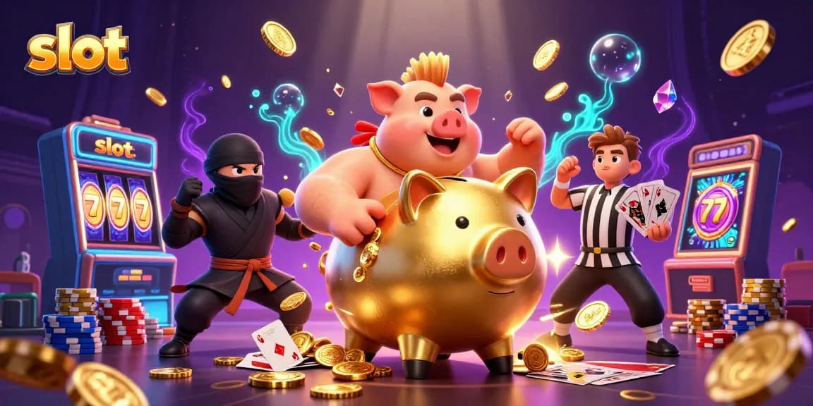 Menyaksikan slot kasino dengan simbol keberuntungan, koin emas, dan warna-warna cerah.