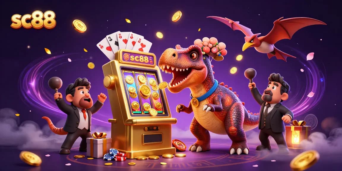 sc88 showcases a vibrant 3D scene with dinosaurs at a casino winning jackpots, emphasizing excitement.