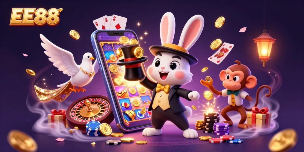 Engage with EE88 in this vibrant 3D illustration showcasing casino magic and excitement.