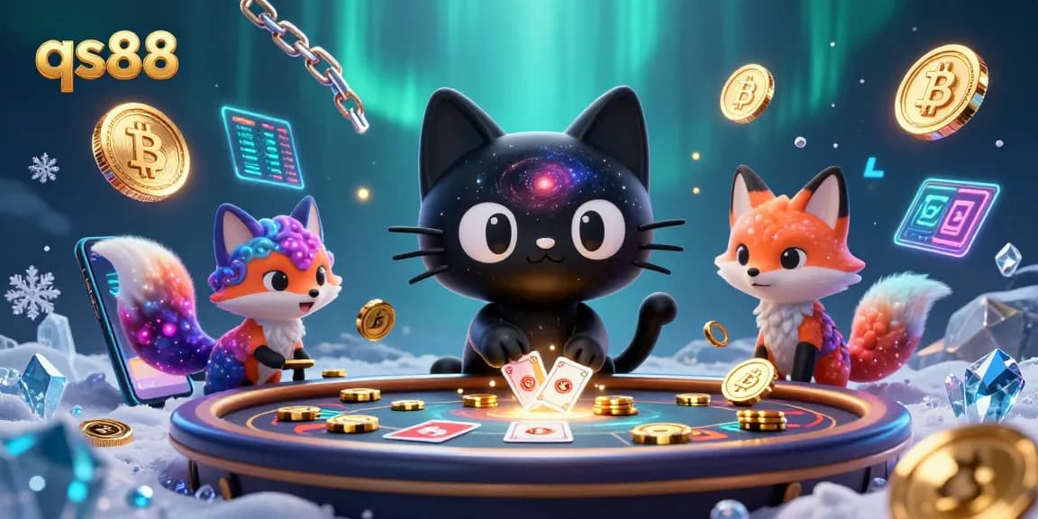 Experience winning strategies at qs88 with a cosmic cat-themed casino illustration featuring dazzling game elements.