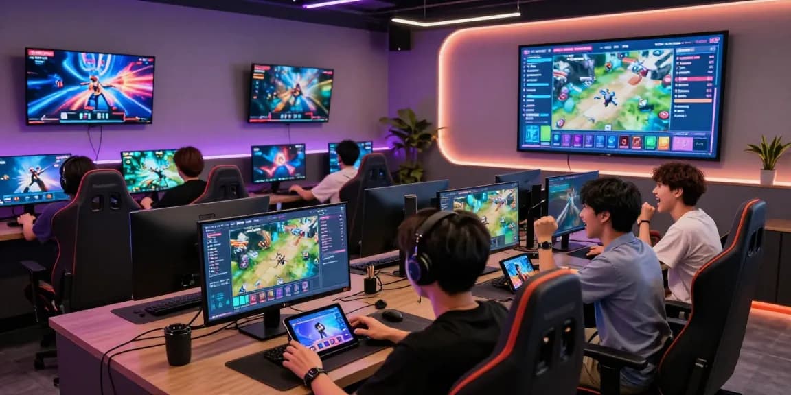 Players enjoying HAYWIN's online gaming platform in a vibrant gaming lounge.