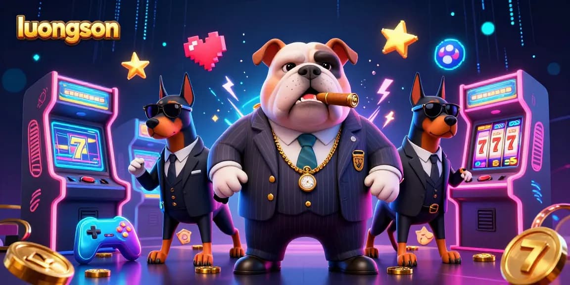 Dynamic luongson scene with a cartoon mafia bulldog boss, neon gaming elements, and slot machines.