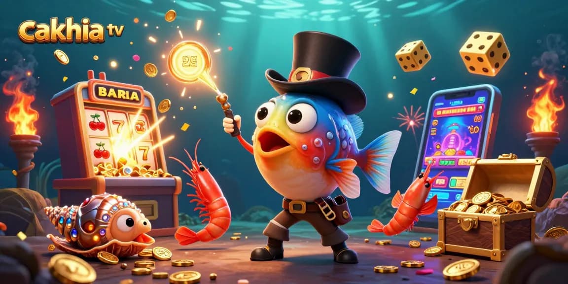 Cakhia TV features an anglerfish attracting coins in a vibrant casino underwater scene