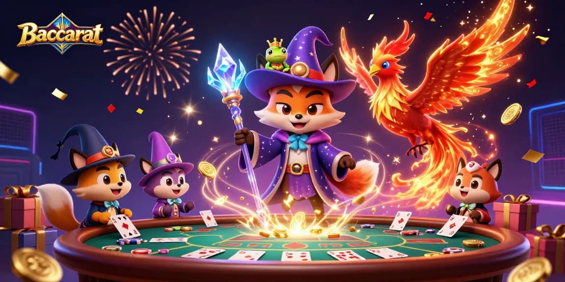 Baccarat players engage at an exciting table with mystical characters and game elements.