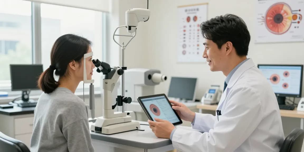 Personalized 시력교정 consultation with eye specialist in modern clinic setting, high-tech eye care equipment visible.
