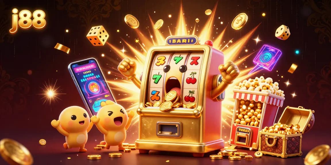 j88 slot machines celebrate a jackpot amid gold coins, bringing excitement to the online casino experience